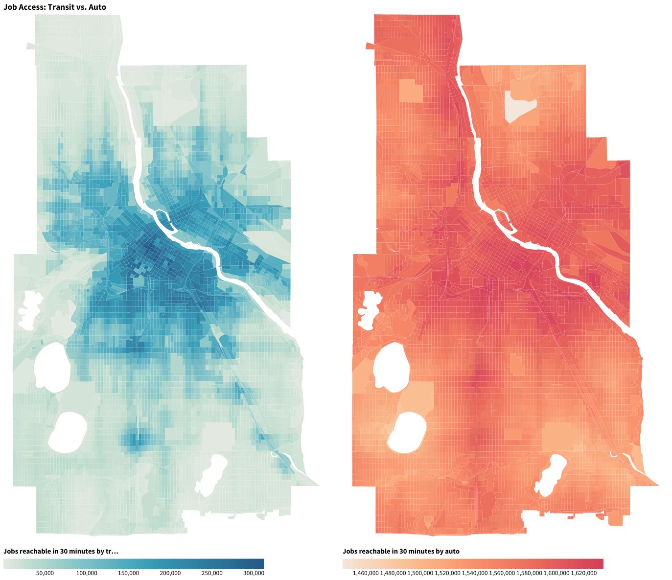 Job accessibility in each Census block of Minneapolis, transit versus auto